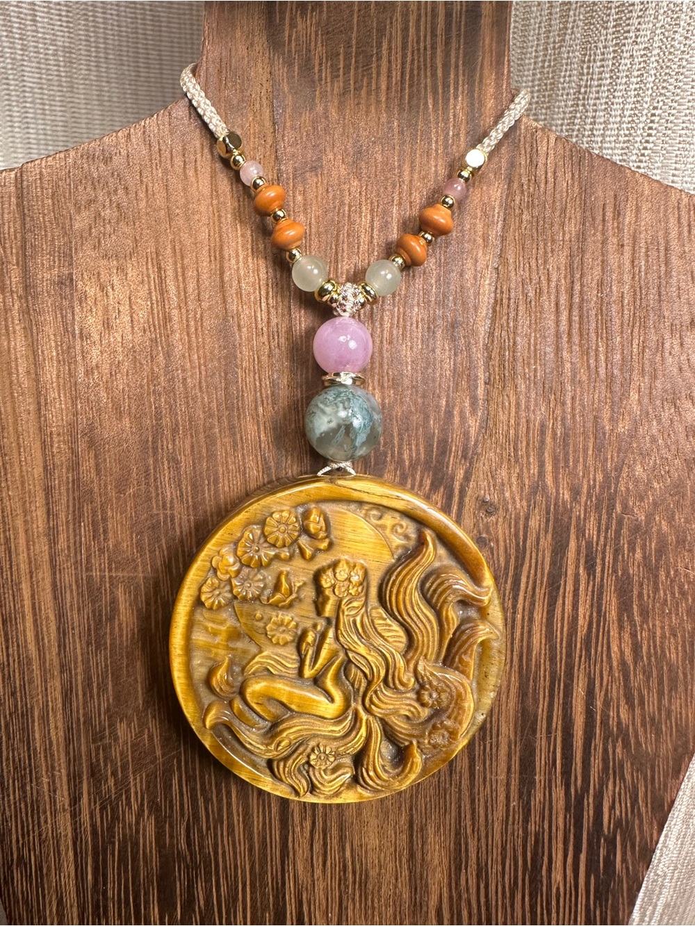 Tiger’s Eye Fairy Pendant with Kunzite and Moss Agate on Adjustable Beaded Rope - Picture 4 of 12